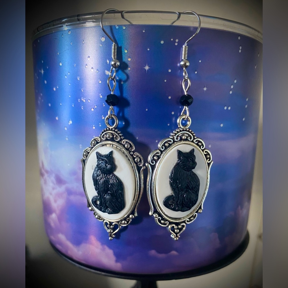 Black Cat Cameo Earrings Goth Halloween Statement Egyptian Bast